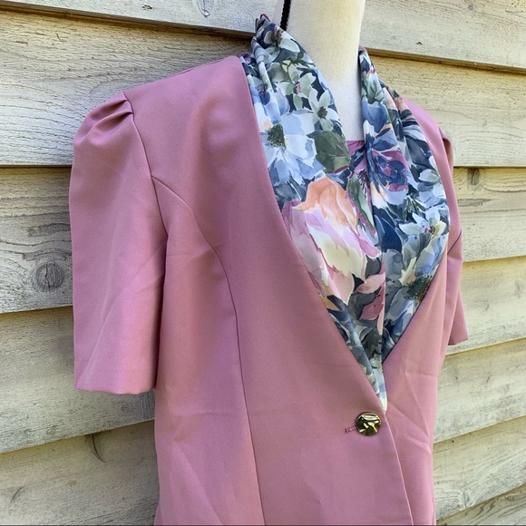 True Vintage 60s Mauve Floral Collared Short Puff Sleeve Button Down Suit Blouse - Picture 4 of 16